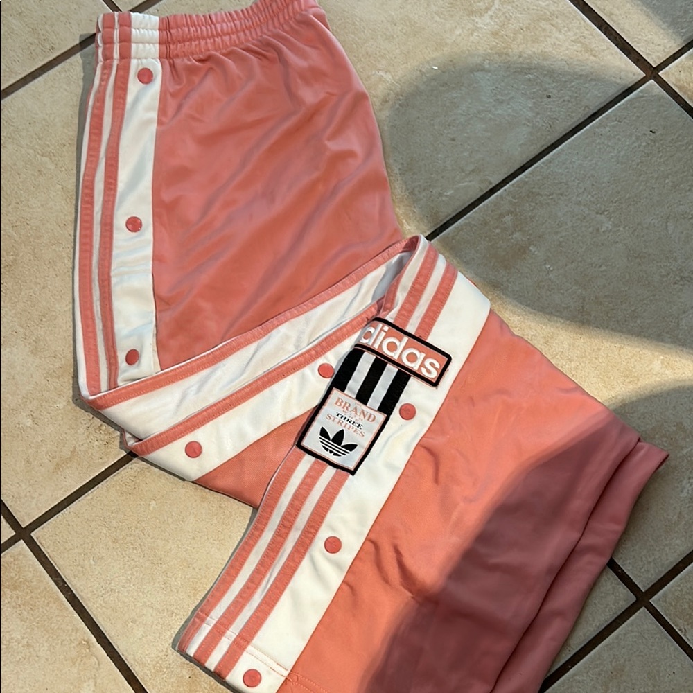 Adidas Pink and White Joggers with Side Stripes and button snaps